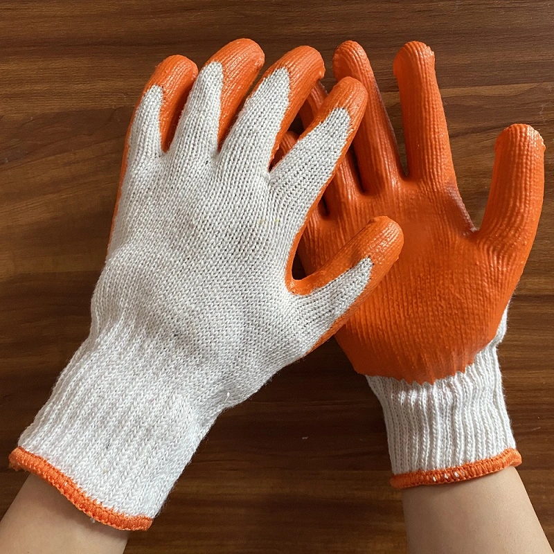 Knitted White Cotton Gloves Red Latex Rubber Coated Safety Work Gloves for Construction