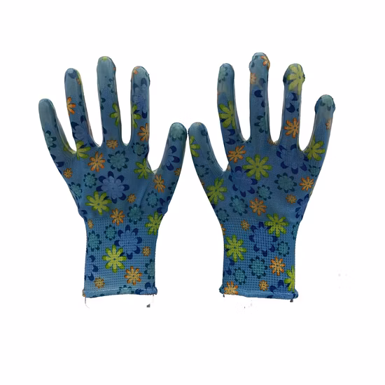 Factoryshop Design Flower Liner Garden Nitrile Palm Coated Collection Gardening Stretchy Protective Work Safety Gloves for Women / Female / Kids