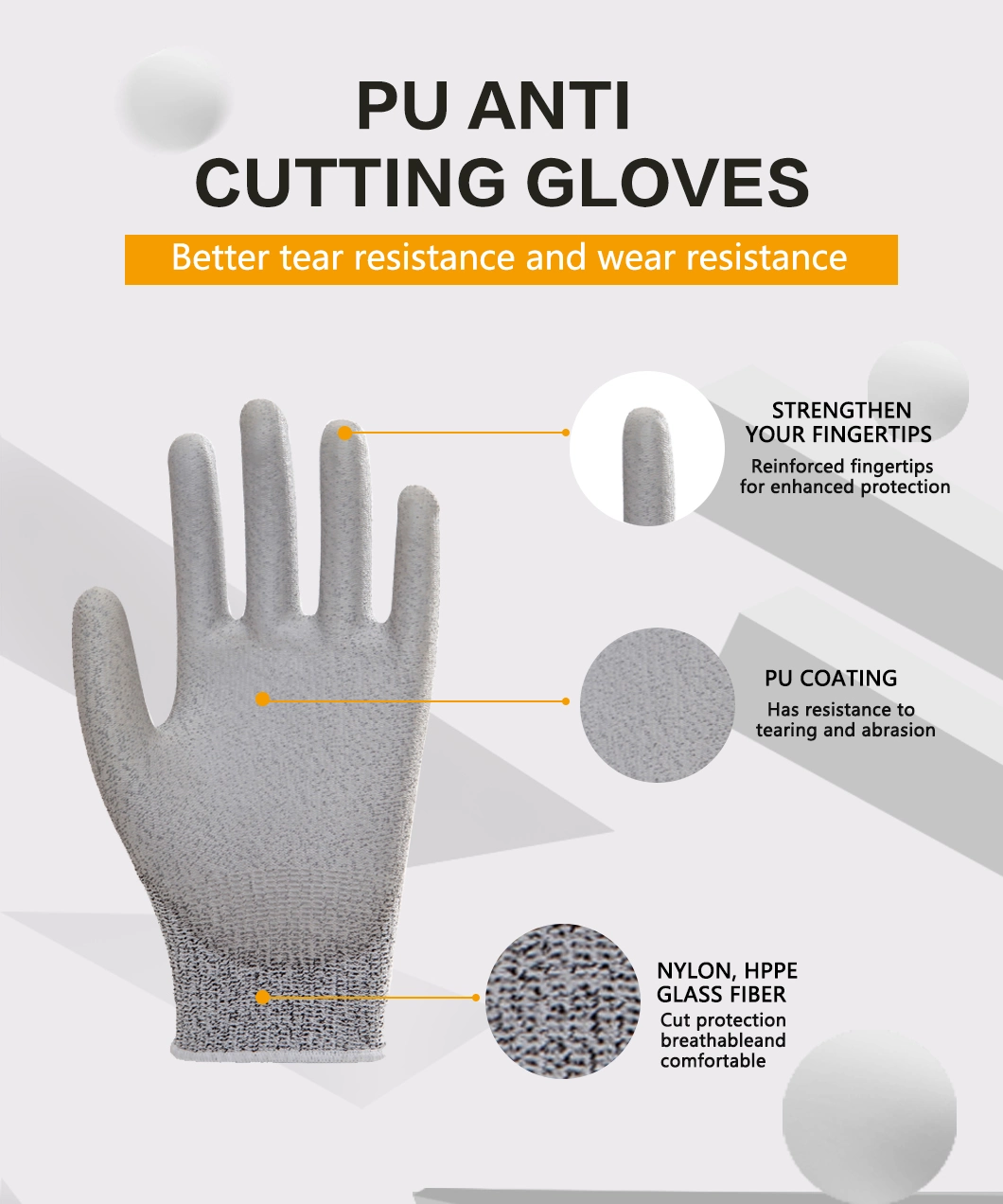 En388 A5 Nylon &amp; Hppe &amp; Glass Fiber Liner PU (Polyurethane) Coated Anti Cut Resistant Cutting Proof Work Safety Hand Protection Knitted ANSI Gloves