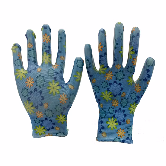 Factoryshop Design Flower Liner Garden Nitrile Palm Coated Collection Gardening Stretchy Protective Work Safety Gloves for Women / Female / Kids